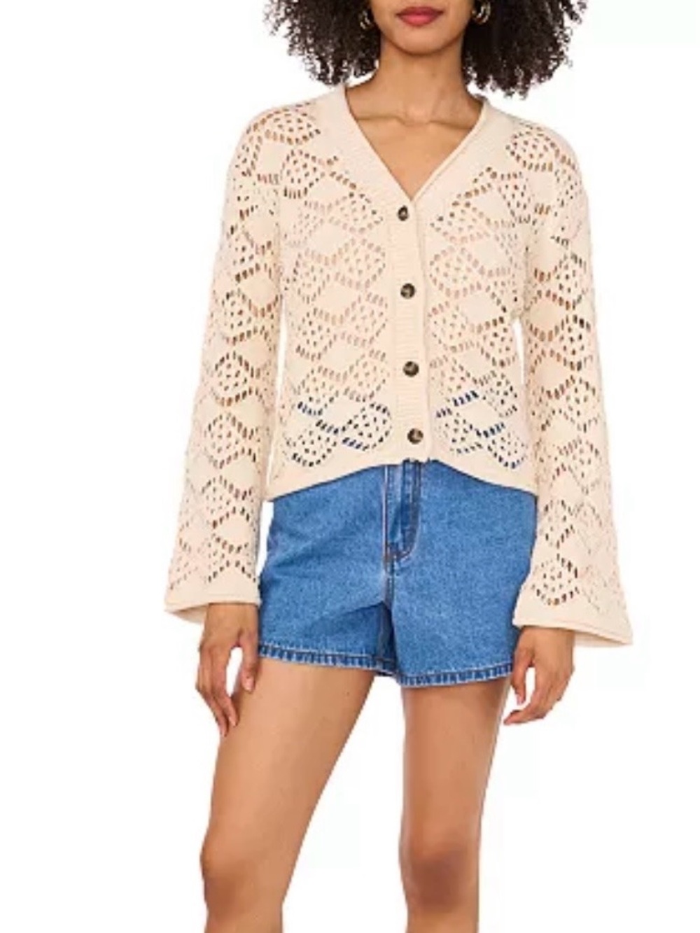 Vince Camuto Open-Knit Cream V-Neck Button Cardigan